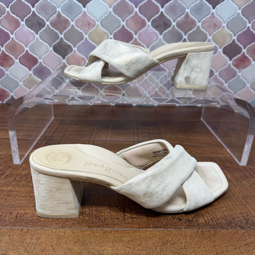 Paul Green Lauren Sandal-Mineral Metallic-Suede Cross Strap Block Heel Sz4/US6.5